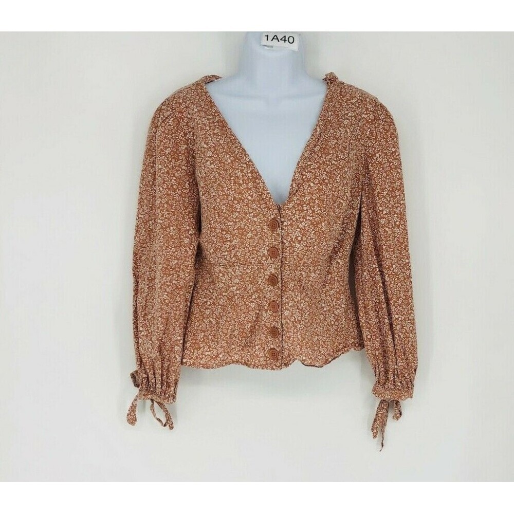 Free People Women's Orange Floral Cropped 100% Cotton Long Sleeve Blouse Size M